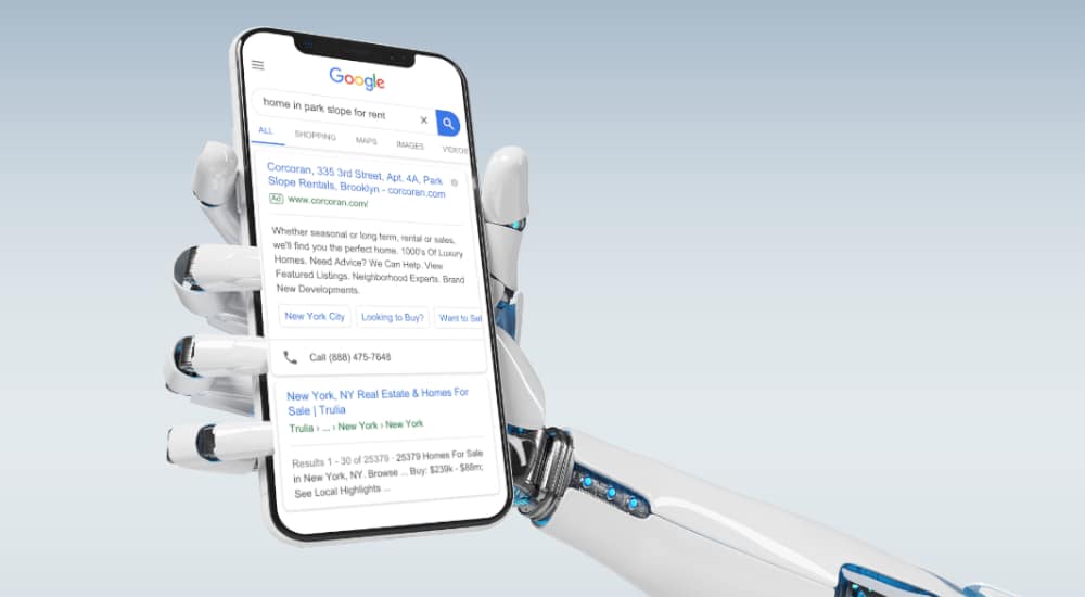 Machine Robot holding a phone with Google Adwords